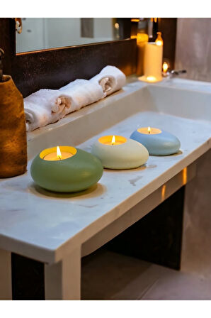 Three Drops Minimal Dekoratif Beton Tealight Mumluk 3'lü Set | Mint Yeşil-Beyaz-Baby Blue |