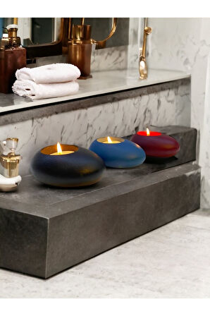 Three Drops Minimal Dekoratif Beton Tealight Mumluk 3'lü Set | Siyah-Bordo-Mavi |