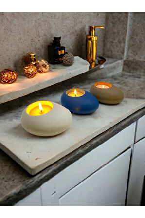 Three Drops Minimal Dekoratif Beton Tealight Mumluk 3'lü Set | Beyaz-Mavi-Vizon |