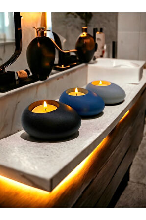 Three Drops Minimal Dekoratif Beton Tealight Mumluk 3'lü Set | Siyah-Mavi-Gri |