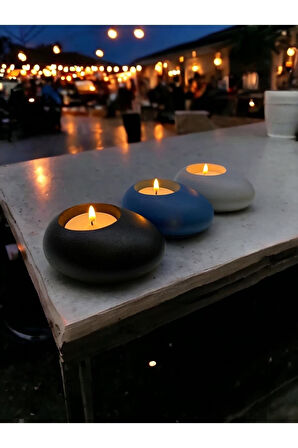 Three Drops Minimal Dekoratif Beton Tealight Mumluk 3'lü Set | Siyah-Mavi-Gri |