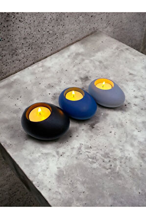 Three Drops Minimal Dekoratif Beton Tealight Mumluk 3'lü Set | Siyah-Mavi-Gri |