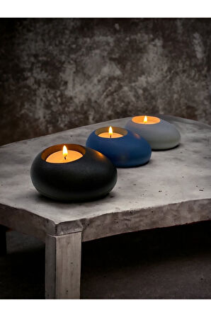 Three Drops Minimal Dekoratif Beton Tealight Mumluk 3'lü Set | Siyah-Mavi-Gri |