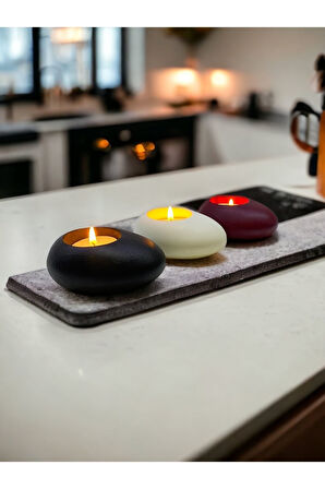 Three Drops Minimal Dekoratif Beton Tealight Mumluk 3'lü Set [ Siyah-Beyaz-Bordo ]