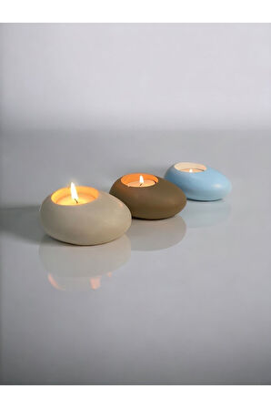 Three Drops Minimal Dekoratif Beton Tealight Mumluk 3'lü Set [ Alaçatı-Vizon-Baby Blue ]