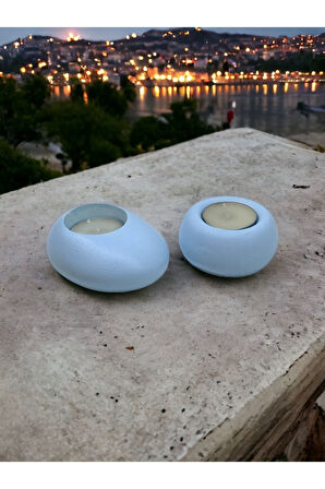 Drop&spot Minimal Dekoratif Beton Tealight Mumluk 2'li Set Baby Blue