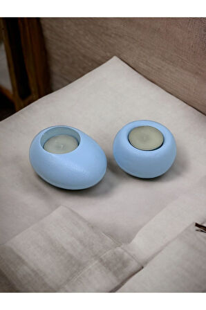 Drop&spot Minimal Dekoratif Beton Tealight Mumluk 2'li Set Baby Blue