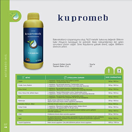 Meb – Kupromeb – %22 Bakır (CU) Bakır Oksiklorür Süspansiyonu – Yoğun Sıvı Halde 7,5 kg – Plastik Çanta Bidonda