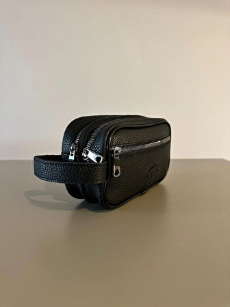 OGDO - Erkek Siyah Deri Portföy Clutch Traş Kozmetik Bakım ve Günlük El Çantası