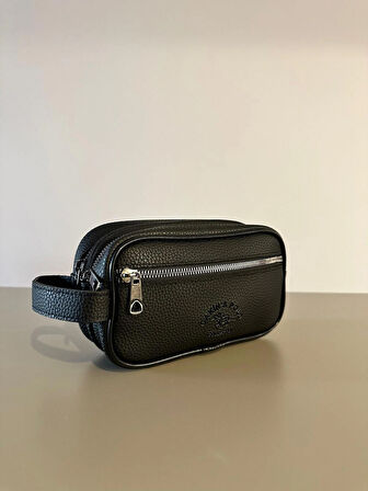 OGDO - Erkek Siyah Deri Portföy Clutch Traş Kozmetik Bakım ve Günlük El Çantası