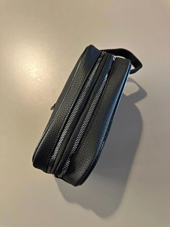 OGDO - Erkek Siyah Deri Portföy Clutch Traş Kozmetik Bakım ve Günlük El Çantası