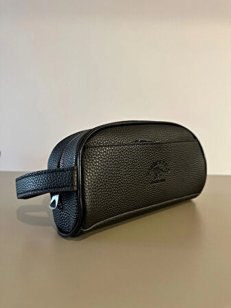 OGDO - Erkek Siyah Deri Portföy Clutch Traş Kozmetik Bakım ve Günlük El Çantası - Oval