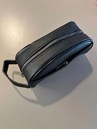 OGDO - Erkek Siyah Deri Portföy Clutch Traş Kozmetik Bakım ve Günlük El Çantası - Oval