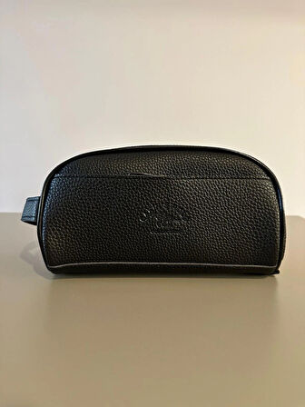 OGDO - Erkek Siyah Deri Portföy Clutch Traş Kozmetik Bakım ve Günlük El Çantası - Oval