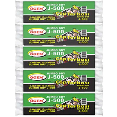 J-500 Jumbo Boy Çöp Poşeti (80 x 110 cm) 10 Lu Rulo x 5 Paket Çöp Torbası Siyah