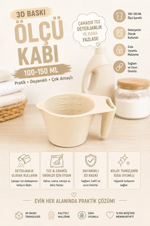 3D Baskı 100-150 ml Ölçü Kabı | Çamaşır Deterjanı, Toz ve Granül Ölçü Kabı | Gıda Uyumlu PLA