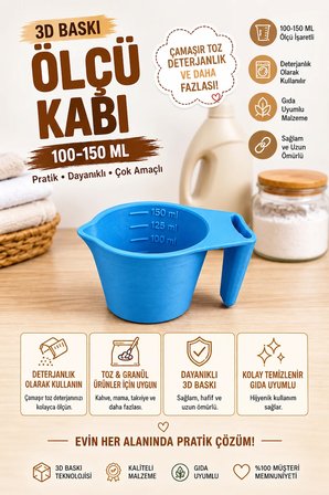 3D Baskı 100-150 ml Ölçü Kabı | Çamaşır Deterjanı, Toz ve Granül Ölçü Kabı | Gıda Uyumlu PLA