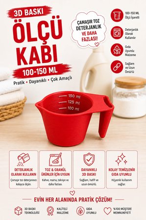 3D Baskı 100-150 ml Ölçü Kabı | Çamaşır Deterjanı, Toz ve Granül Ölçü Kabı | Gıda Uyumlu PLA