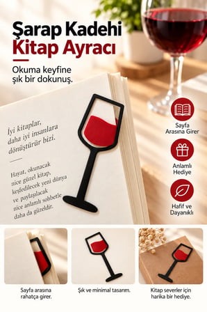 Şarap Kadehi Kitap Ayracı - Kırmızı Siyah Şık ve Dekoratif Kitap Ayracı