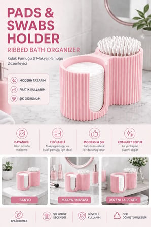 3D Baskı Kulak Pamuğu ve Makyaj Pamuğu Düzenleyici - 2 Bölmeli Banyo Organizeri - Kırmızı
