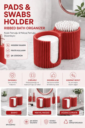 3D Baskı Kulak Pamuğu ve Makyaj Pamuğu Düzenleyici - 2 Bölmeli Banyo Organizeri - Kırmızı
