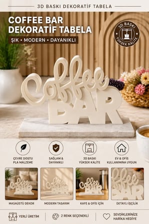 Coffee Bar Dekoratif Masaüstü Tabela | 3D Baskı Modern Kafe ve Mutfak Dekoru