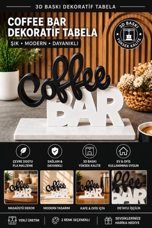 Coffee Bar Dekoratif Masaüstü Tabela | 3D Baskı Modern Kafe ve Mutfak Dekoru
