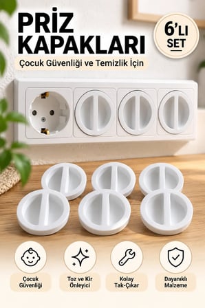 6 lı Çocuk Güvenlik Priz Koruyucu Kapak Seti Toz ve Kir Önleyici Priz Kapağı