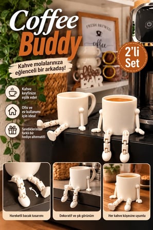 2 li Coffee Buddy Dekoratif Kupa Figürü Hareketli Kol ve Bacaklı Kahve Köşesi Aksesuarı