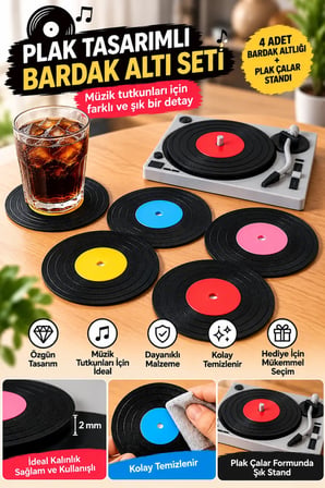 Plak Tasarımlı Bardak Altlığı 4 lü Set Pikap Standlı Dekoratif Hediyelik Bardak Altlığı