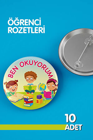 Öğrenci Rozet Seti - Ben Okuyorum - İğneli Buton Rozet Seti - Broş - Yaka - Çanta Rozet. 10 Adet
