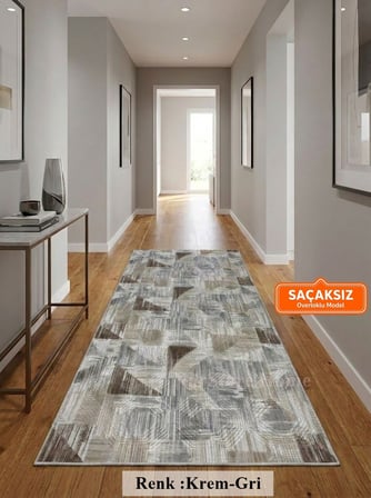 Gri Kahve Krem Kaymaz Taban Yıkanabilir Kesme Yolluk Halı Modern Desen