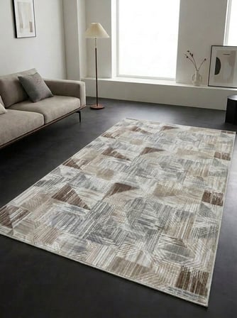 Gri Kahve Krem Kaymaz Taban Yıkanabilir Kesme Yolluk Halı Modern Desen