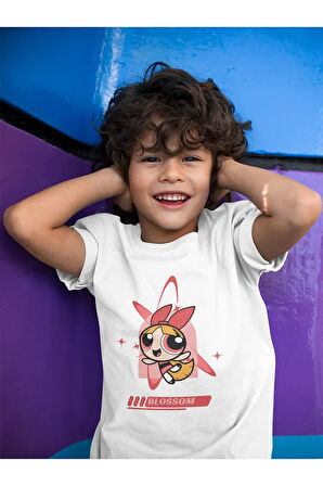 Blossom Baskılı Unisex Power Puff Girls Çizgi Film Çocuk Tişört (1-12 YAŞ)
