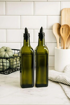 2'li Silikon Tıpalı Yeşil Cam Yağdanlık Sosluk Yağ Şişesi 29 Cm 500 ml