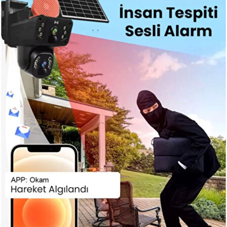 O-KAM 3915 Solar Panelli, Güneş Enerjili, SIM Kartlı 4G, 6MP Çift Lens PTZ Hareket Algılamalı Güvenlik Kamerası