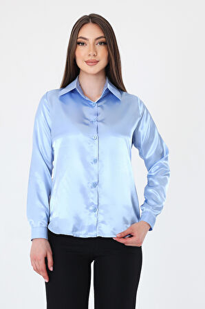 Kadın Hafif Dökümlü Bebe Mavi Saten Gömlek