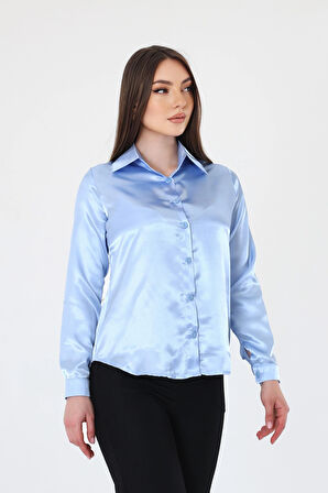 Kadın Hafif Dökümlü Bebe Mavi Saten Gömlek