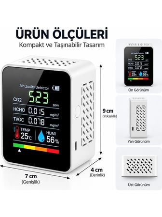 Luve Store 5'i 1 Arada Dijital Hava Kalitesi Ölçüm Cihazı CO2 HCHO TVOC Sıcaklık Nem Ölçer Renkli Ekranlı