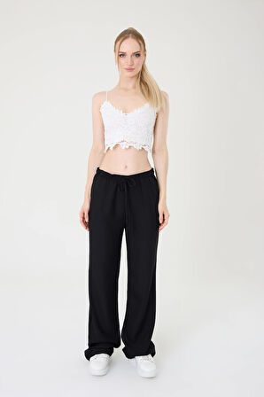 Kadın Siyah  Keten Karışımlı Bol Kesim Pantolon