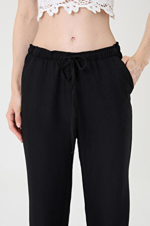 Kadın Siyah  Keten Karışımlı Bol Kesim Pantolon