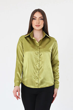 Kadın Hafif Dökümlü Yağ Yeşil Saten Gömlek