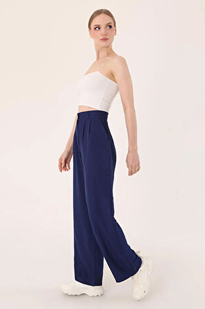 	Kadın Lacivert Yüksek Bel Keten Palazzo Pantolon