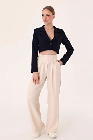 Kadın Taş Çift Düğmeli Keten Palazzo Pantolon