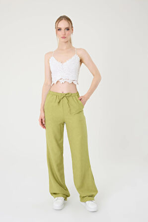 Kadın Yağ Yeşil Keten Karışımlı Bol Kesim Pantolon