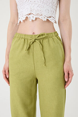 Kadın Yağ Yeşil Keten Karışımlı Bol Kesim Pantolon