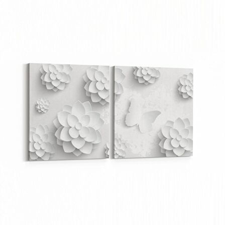 Olla 10460K2Y Beyaz Kabartma Görseli Kare 2'li Yatay Kanvas Tablo (Ölçü: 85X40)