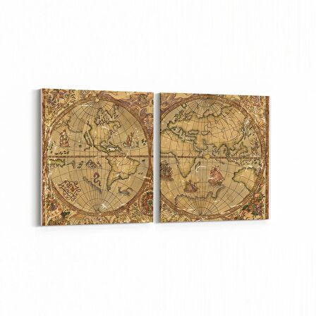 Olla 16215K2Y Harita Görseli Kare 2'li Yatay Kanvas Tablo (Ölçü: 125X60)