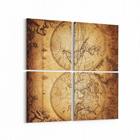 Olla 16153K4 Harita Görseli Kare 4'lü Kanvas Tablo (Ölçü: 125X125)