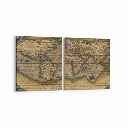 Olla 16242K2Y Harita Görseli Kare 2'li Yatay Kanvas Tablo (Ölçü: 145X70)